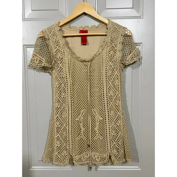 V Cristina Crochet Knit Top Women Size Medium Tan Good Boho Lace Tie Front V107 - Picture 1 of 6